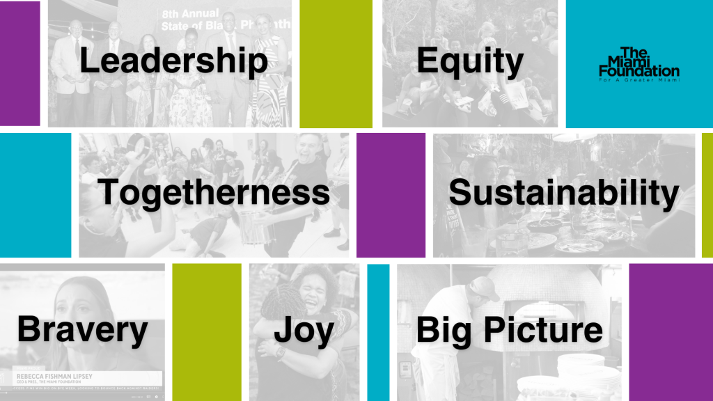 Leadership, Togetherness, Bravery, Joy, Equity, Sustainability, Big Picture